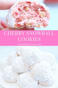 cherry snowball cookies on a white plate with pink text overlay that says cherry snowball cookies