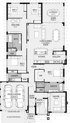 the floor plan for a two story house with three car garages and an attached living area