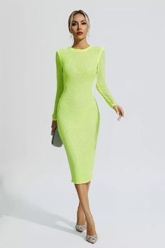 The blockbuster dress for the party, is our Elle Fluorescent Green Crystal Midi Dress. Crafted from gorgeous, heavy-duty, high-quality fabric, this dress features ultra-shine and delicate crystal embellishments all over. Under the light, it will sparkle and add chic charm to you. Whether attending a banquet or a wedding scene, this dress is your best choice.  Dress Length: Approx 118cm Materials: Nylon Gentle Dry Clean Only  Model is 5 ft 7 and wears size S  Colour may vary due to lighting on im Textured Bodycon Dress, Glitter Wedding Dress, Bandage Midi Dress, Wedding Scene, Floral Shirt Dress, Puff Sleeve Dresses, Green Crystal, Maxi Knit Dress, Maxi Dresses Casual