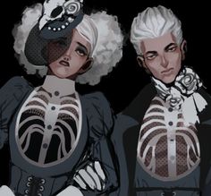 two women in skeleton costumes are standing next to each other with their hands on their hipss