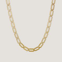 Bold, edgy, and individual - everything you could ask for in a statement chain. Featuring interlocking links, this necklace is sure to shine from near and far. • 17-19" adjustable length• 18kt PVD Gold Plated over Stainless Steel• Waterproof & Tarnish Resistant Modern Metal Necklace With Cable Chain, Modern Necklace With Chunky Chain Links, Modern Necklaces With Chunky Chain, Modern Chunky Chain Link Necklace, Modern Metal Cable Chain Necklace, Trendy Metal Chain Necklace With Solid Links, Trendy Cable Chain Link Necklace, Chunky Chain Link Jewelry, Metal Cable Chain Necklaces