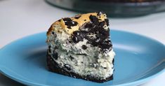 a piece of oreo cake on a blue plate