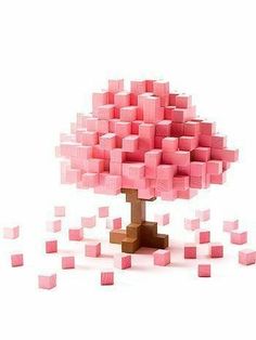 a tree made out of pink cubes is shown in this image with white background