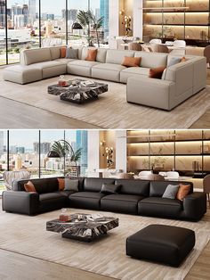 two pictures of a living room with couches and coffee tables in it, one is black and the other is white