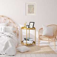 a bedroom with white bedding, wicker headboard and gold side table in the corner