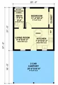 the floor plan for a two bedroom house with an attached bathroom and living room area