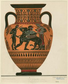 an ancient vase with two men on it