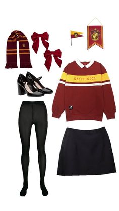 a harry potter costume is shown with shoes, scarf and hogwart's sweater