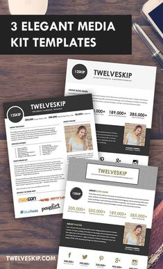 three elegant media kit templates on top of a wooden table