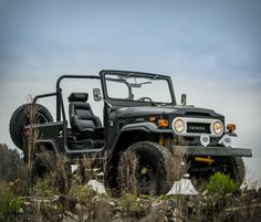 a black jeep is parked in the grass