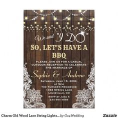 the rustic wood and string lights wedding card