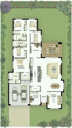 a floor plan for a house with two living areas and an open kitchen area in the middle