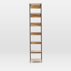 a tall wooden shelf with four shelves on each side