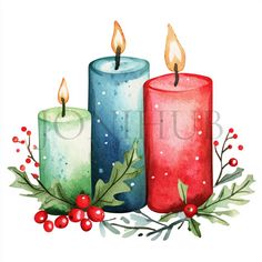 three lit candles with holly and berries on the table next to it are watercolored