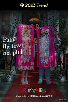 two people dressed in costumes standing on a red carpet with the words paint the town hot pink