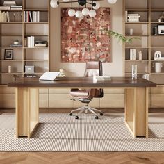 an office with a desk, chair and bookshelves