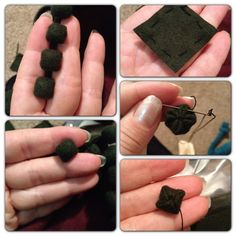 four pictures show how to make felt flowers with scissors and thread, while the second photo shows an individual's hand holding a piece of fabric that has been sewn