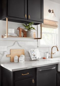 the kitchen counter is clean and ready for us to put in their new dishes on