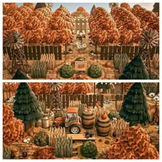 two pictures of an outdoor area with pumpkins and trees