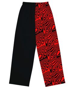 Get ready to rave in ultimate comfort with the Hypnotic Split Wide Leg Pants. These pants bring all the chill vibes of your favorite sweatpants but with way more style. Featuring a bold red and black split design with trippy wavy patterns on one leg, these pants are perfect for making a statement at Lost Lands, Bass Canyon, or your next rave. Relaxed unisex fit for all-day comfort, whether you're dancing or lounging Handy side pockets to stash your essentials while you vibe out Elastic waistband Red Stretch Sweatpants For Streetwear, Red Wide Leg Sweatpants For Streetwear, Trendy Red Sweatpants For Streetwear, Black Graphic Print Loungewear Pants, Edgy Red Pants For Streetwear, Edgy Black Bottoms For Loungewear, Lost Lands Festival, Bass Canyon, Arm Wear