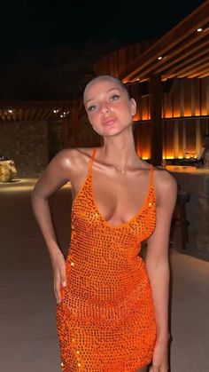 Miami Club Outfit, Sequin Crochet, Tulum Outfits, Miami Bachelorette, Dress Hire, Orange Knit, Clubbing Outfits, Sequin Outfit, Dress Orange