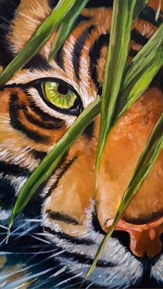 a painting of a tiger's face peeking out from behind some tall green grass