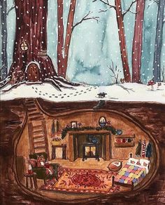 a painting of a living room in the middle of a forest with snow on the ground