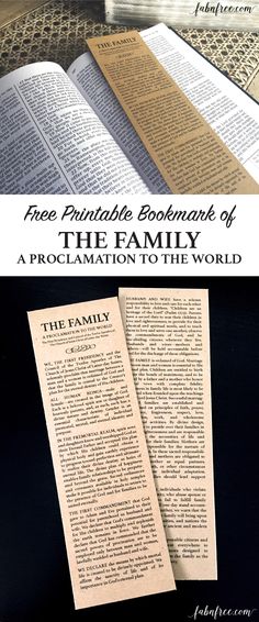 an open book with the title free printable bookmarks of the family a proclaimation to the world