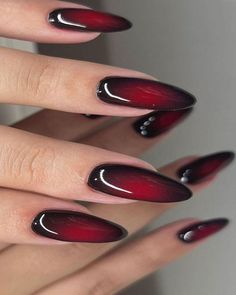 Pretty Red Nail Ideas, Grunge Oval Nails, Almond Nails Aura Design, Chrome Red And Black Nails, Nail Art Designs Short Almond, Black And Red Nails Almond Shape, Nails Inspo Red And Black, Black And Red Ombre Nails Short, Red Aura Nails With Chrome