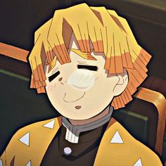 an anime character with blonde hair wearing a yellow jacket and black shirt, sitting in a chair