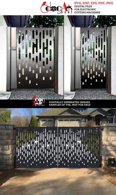 two pictures showing the same gate with different designs on each side and an open one