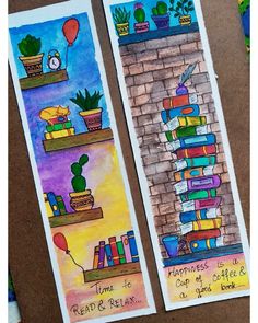 two bookmarks with books and plants on them, one has a balloon in the sky