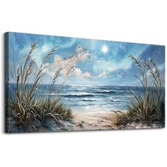 an ocean scene with sea oats and birds flying over the water