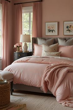 a bed with pink comforter and pillows in a bedroom