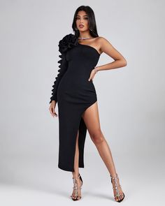 Asymmetric Pleated Ruffle Bandage Dress HL9288 | Wolddress Bandage Dress Black, Elegant Ladies, Ruffle Long Sleeve, Shoulder Cut, Bandage Dress, Dress First, Xl Dress, Elegant Woman, Dresses Xs