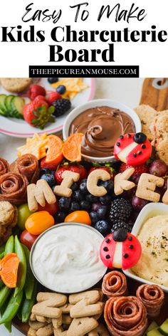 an easy to make kids's charette board with fruit, crackers and dips