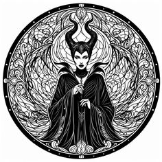 an image of a woman with horns on her head sitting in front of a circular design