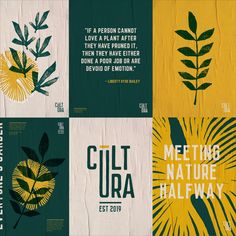 four different posters with the words cultra written in green, yellow and black on them