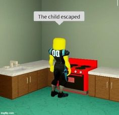 a cartoon character standing in front of a kitchen counter with the words the child escaped above it