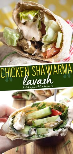 chicken shawarma with lettuce and tomatoes in it