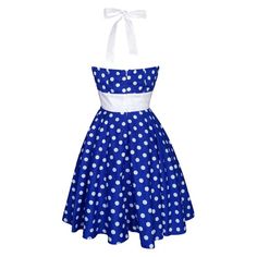 Blue Polka Dot Dress Vintage Dress Rockabilly Dress Pin Up Dress Halter Dress 50s Retro Dress Swing Dress Birthday Party DressThe sensational "ASHLEY" dress by vintage repro designers "Lady Mayra"  Just unmissable for this season, this superb quality rockabilly style swing dress is crafted from premium cotton featuring a kitsch polka dot print. With its understated glamour and figure flattering it, it's the perfect dress to turn heads at parties, weddings and proms. This gorgeous fifties style d Retro Polka Dot Dress For Vintage Fashion, Polka Dot Dresses For Retro-themed Events, Spring Retro-themed Pinup Dresses, Spring Pinup Dress For Retro-themed Events, 1950s Style Polka Dot Dress For Retro-themed Events, 1950s Style A-line Polka Dot Dress, Summer Retro Dresses For Retro-themed Events, Retro Summer Dresses For Retro-themed Events, Summer Retro Vintage Dress For Retro-themed Events