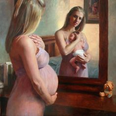 a painting of a woman holding a baby in front of a mirror