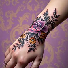 Women Forearm Flower Tattoo, Crochet Flower Tattoo, Colour Hand Tattoo, Traditional Wrist Tattoos For Women, Neo Traditional Tattoos For Women, Neo Traditional Flower Sleeve, Floral Sleeves For Women Tattoo, Neo Trad Hand Tattoo, Woman’s Hand Tattoo