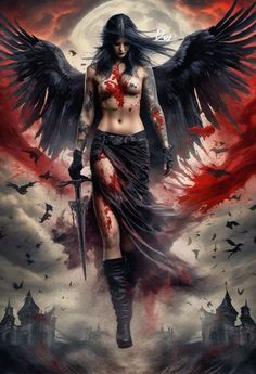 a woman with wings and blood on her body