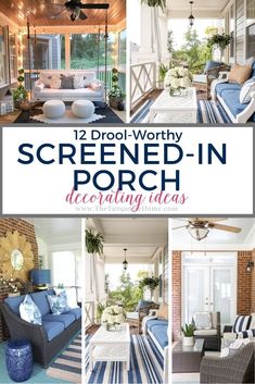 the front porch is decorated with blue and white striped furniture, wicker chairs, potted plants, outdoor living room