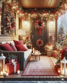 a living room decorated for christmas with red and white decorations on the walls, wreaths and lights