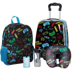 Introducing the Carry On Boys Luggage Set with Wheels - a fusion of gaming excitement and practical design. Boys will be thrilled by the gaming-inspired print that adorns this set, while parents will appreciate its durable and functional features. The 16-inch hard side suitcase provides a roomy interior, perfect for packing all essentials needed for weekend trips and sleepovers. Interior mesh pockets and secure strap closures ensure organized packing for your young gamer. The set includes a 16-i Portable Cases For Travel And Back To School, Multicolor Portable Cases For School, Black Cases For Back To School, Multicolor Portable Travel Cases, Playful Multicolor School Luggage, Kids Luggage Sets, Suitcase Set, Organized Packing