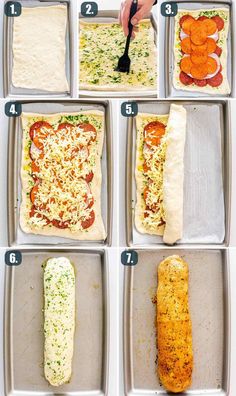 the steps to making pizzas in pans with different toppings and ingredients on them