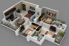 the floor plan of a three bedroom apartment with an attached kitchen and living room area