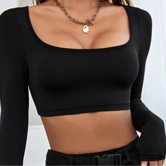 Black Long Sleeve Crop Top, Never Worn But Tried On. Y2k Outfit Ideas, Women's Sports, Collar Pattern, Solid Clothes, Crop Top Blouse, Middle Age, Women Tops, Outfits Casuales, Shirts & Tops